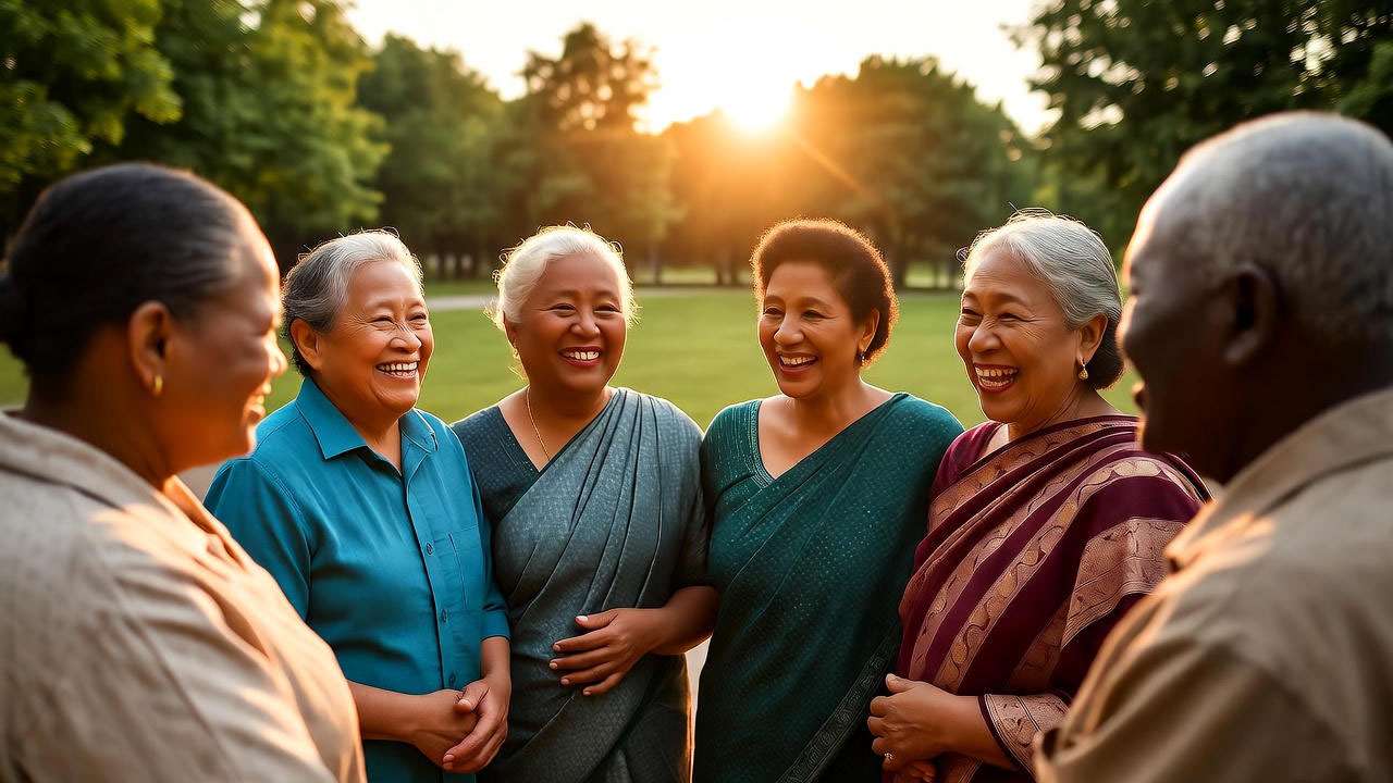 Serene park sunset with a diverse group of parents symbolizing unconditional love from Friends parents
