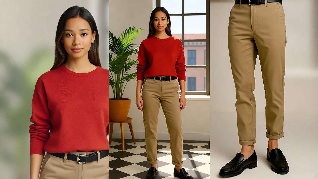 Person modeling a Ross Geller-inspired red sweater outfit in a trendy urban setting.