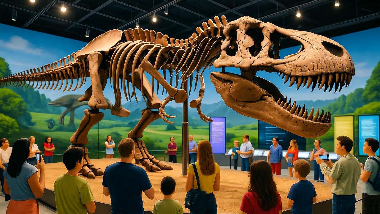T-Rex skeleton exhibit in museum inspiring visitors, reflecting Ross Geller’s paleontology influence.