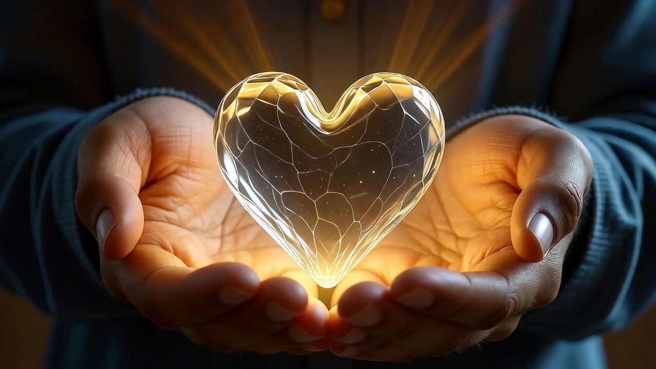 Glowing glass heart in open hands symbolizing hope, healing, and humanity from Doctor Julian Ross.