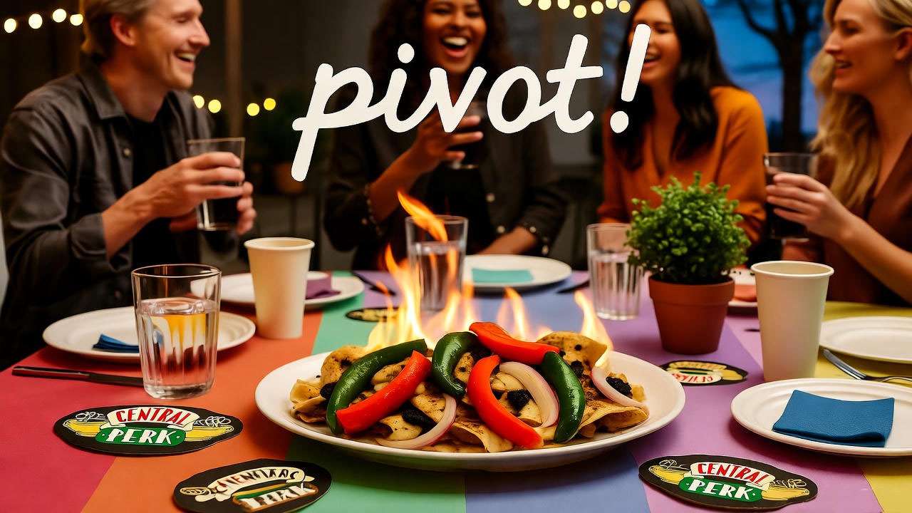 Friends-themed fajita party with sizzling platter, 90s decor, and Central Perk coasters.