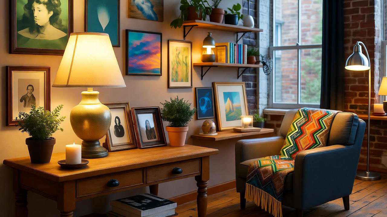 DIY Ross Friends apartment corner with thrift store apothecary table and plants.