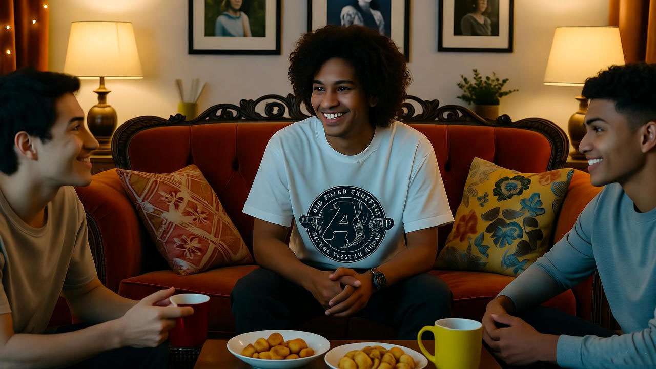 Friends enjoying a watch party with a Got Milk shirt, featuring Central Perk decor.