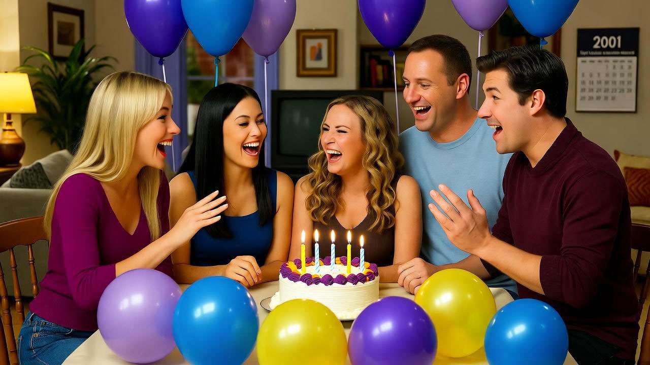 Phoebe’s 30th birthday scene from Friends Season 7, with cast celebrating, highlighting the age of Friends characters.