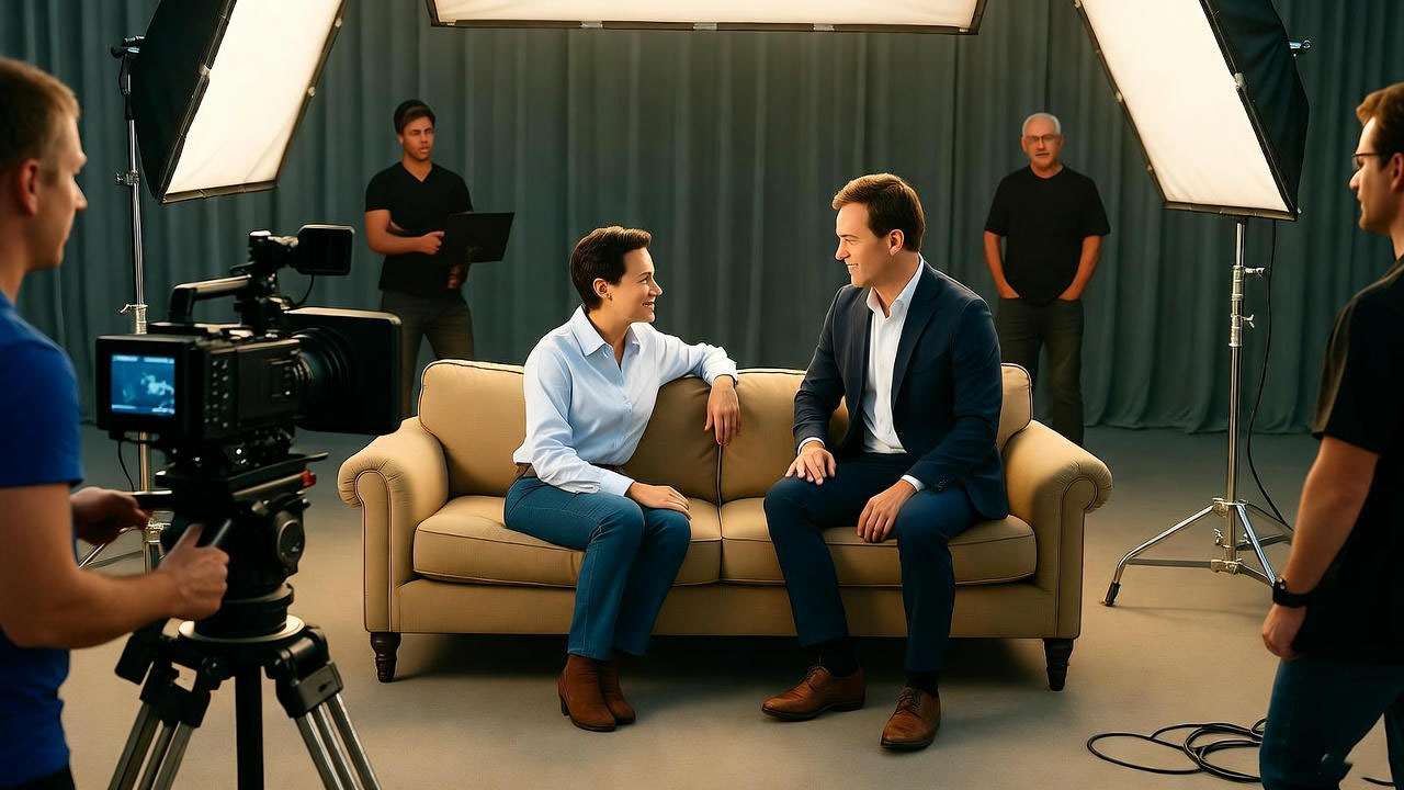 Cast and crew working behind the scenes to film the challenging Friends Pivot scene with the sofa.