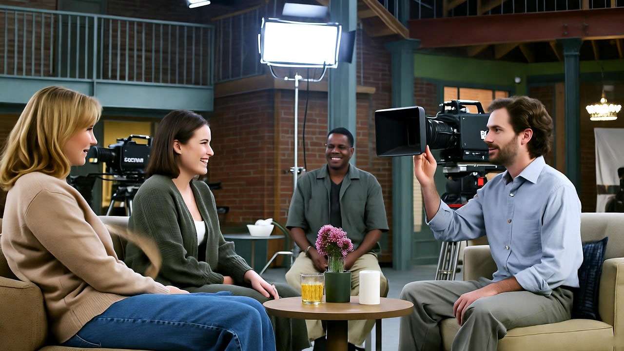 Behind-the-scenes of Friends TV show, capturing actors interacting and preparing for a scene.