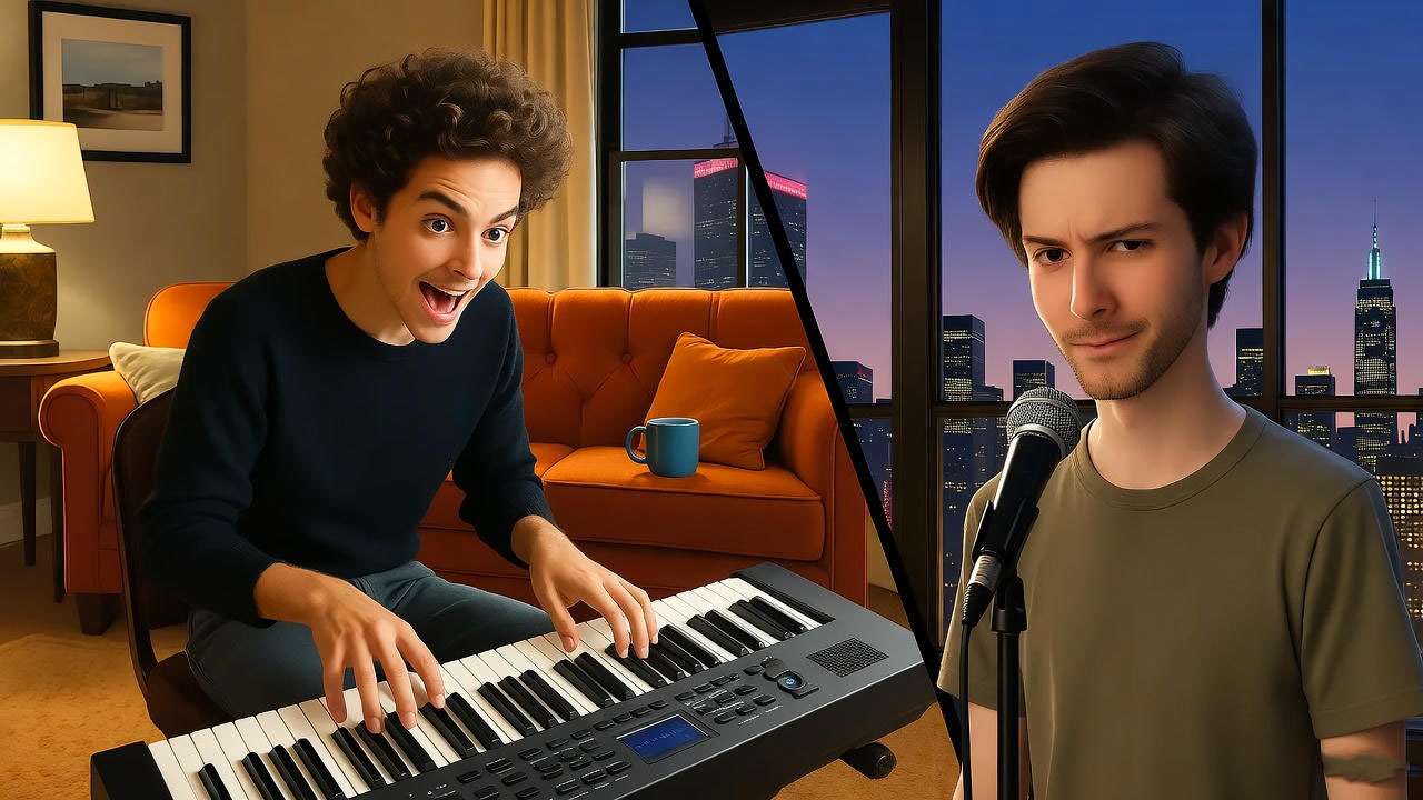 Humorous illustration of Ross Geller awkwardly performing on keyboard with Chandler Bing's sarcastic reaction, referencing Friends episode flashbacks.
