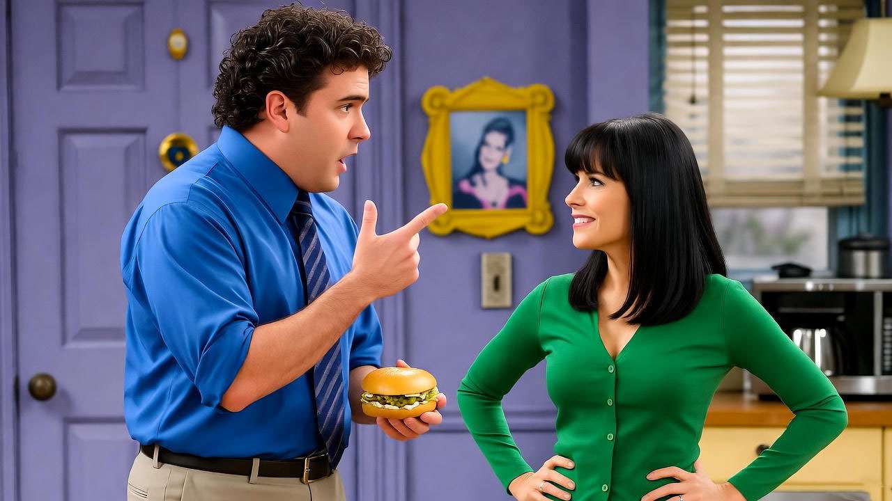 Ross and Monica Geller from Friends in a playful sibling argument in Monica’s apartment, with iconic purple door and yellow picture frame in the background.