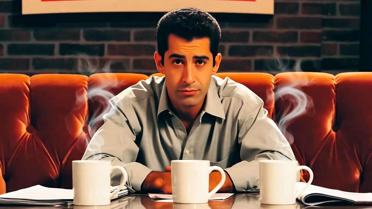 Ross Geller reflecting on Central Perk couch in Friends, debunking gay partner myths with canonical insight.
