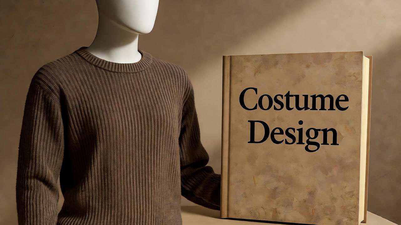 Mannequin wearing Ross’s brown sweater beside a costume psychology book symbolizing emotional storytelling in Friends.