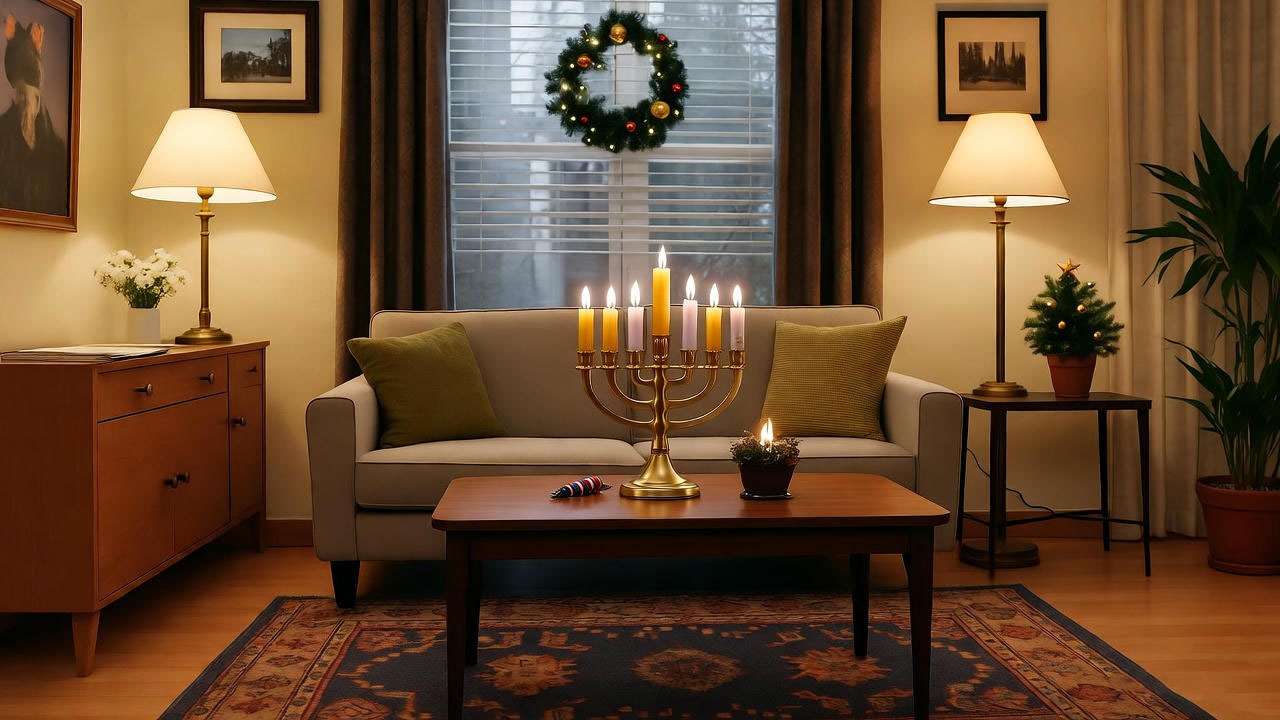 Cozy 1990s apartment with a menorah and Hanukkah decor, reflecting Ross Geller’s Jewish heritage in Friends. 