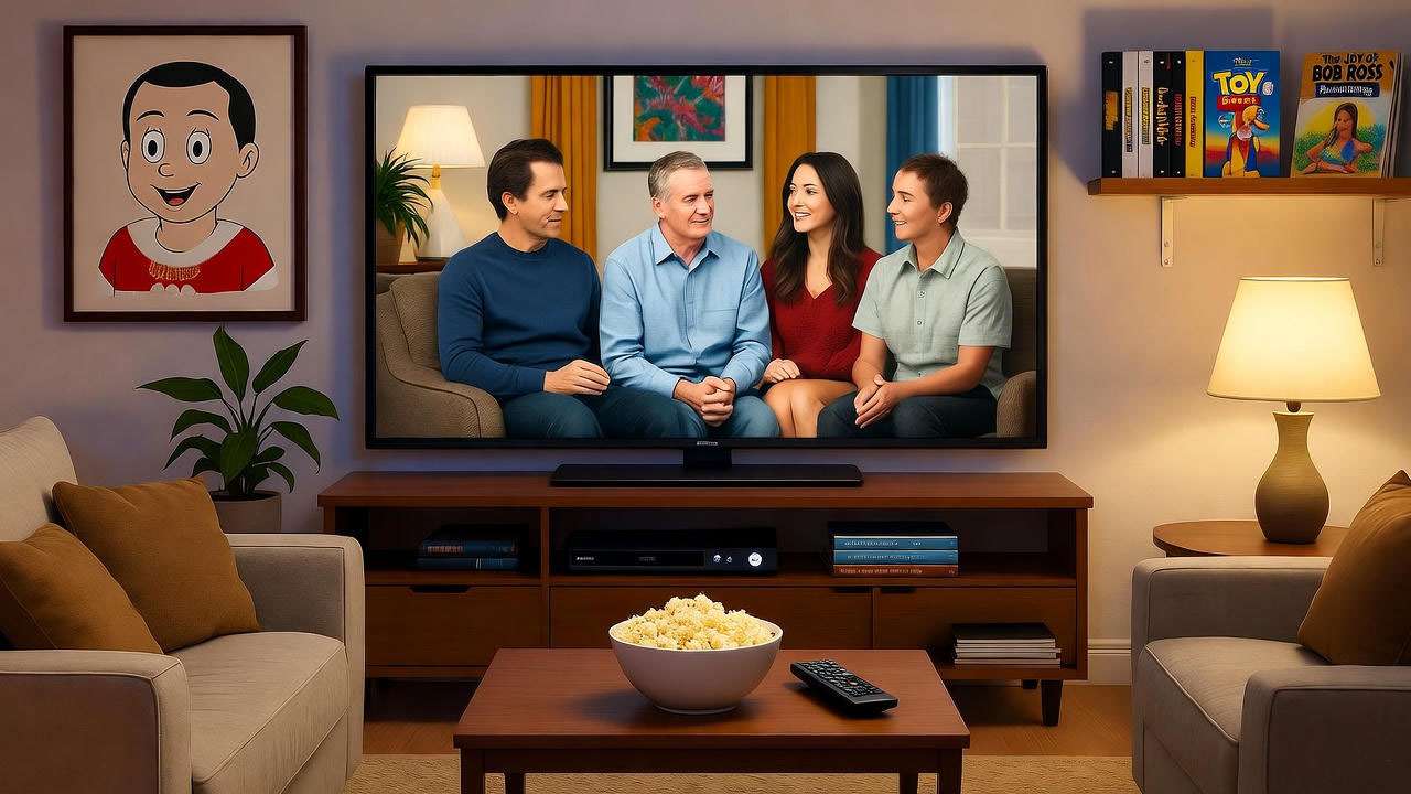 Modern living room with TV streaming Friends and 90s nostalgia items.