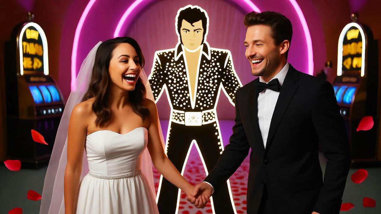  Spontaneous 90s Vegas wedding scene channeling Rachel and Ross's impulsive romance. 