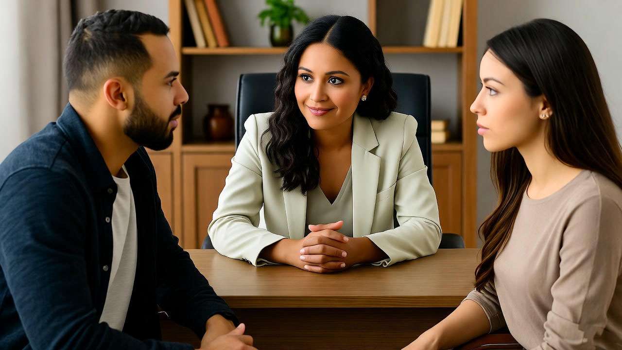 Relationship therapist giving expert advice to a couple during reconciliation counseling session.