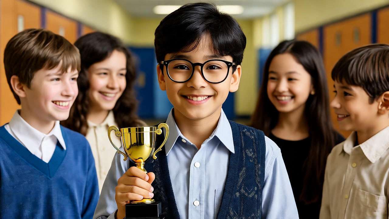  Young Ross smiling with a science trophy, surrounded by supportive friends in a 1990s school hallway. 