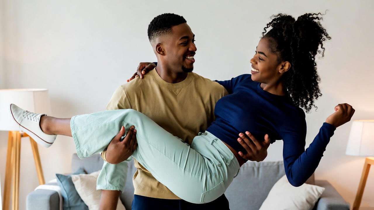 Two people practicing a fun dance routine at home inspired by Monica’s Friends routine.
