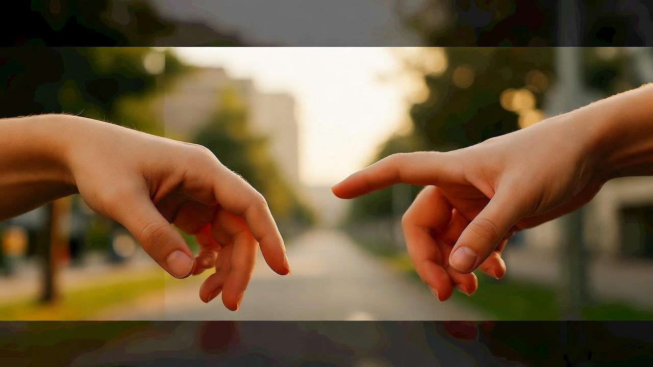 Symbolic hands reaching across gap representing Ross and Rachel's love journey
