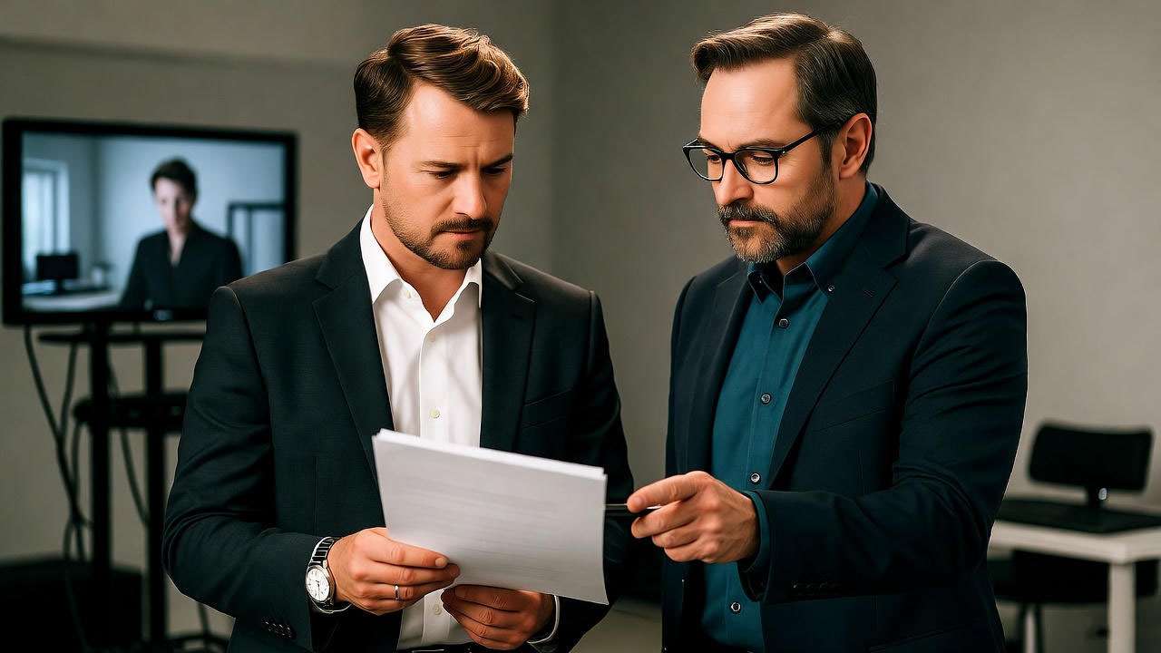Ross Klavan reviewing a script with a director, showcasing his post-Friends acting career.