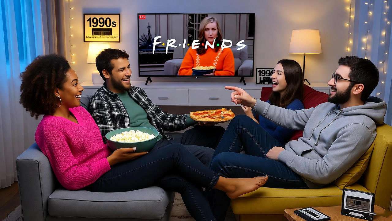  Friends TV watch party setup with nostalgic snacks and decor for immersive '90s sitcom reliving. 