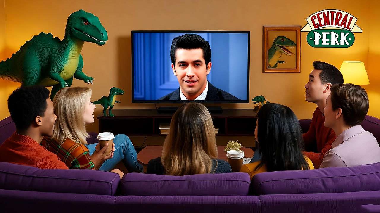 Friends watch party with Ross Geller on screen, 90s nostalgia decor.