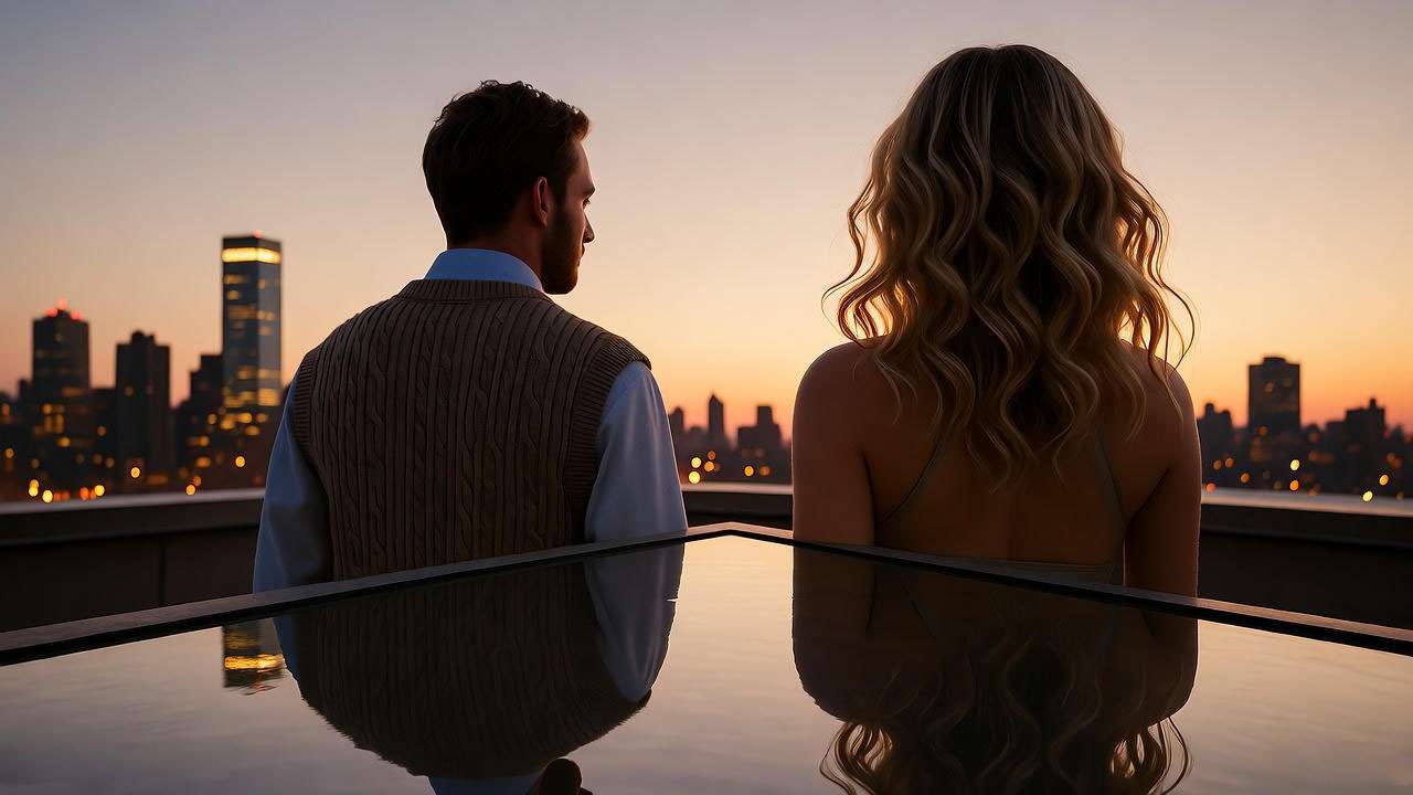 Reflective rooftop image of Ross Geller and a faint Gina figure overlooking New York City at sunset, symbolizing the Gina Ross fan theory in Friends.
