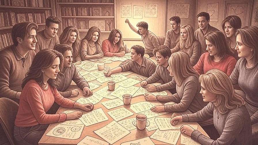  Artistic representation of Friends writers brainstorming Ross Geller's divorce storylines.
