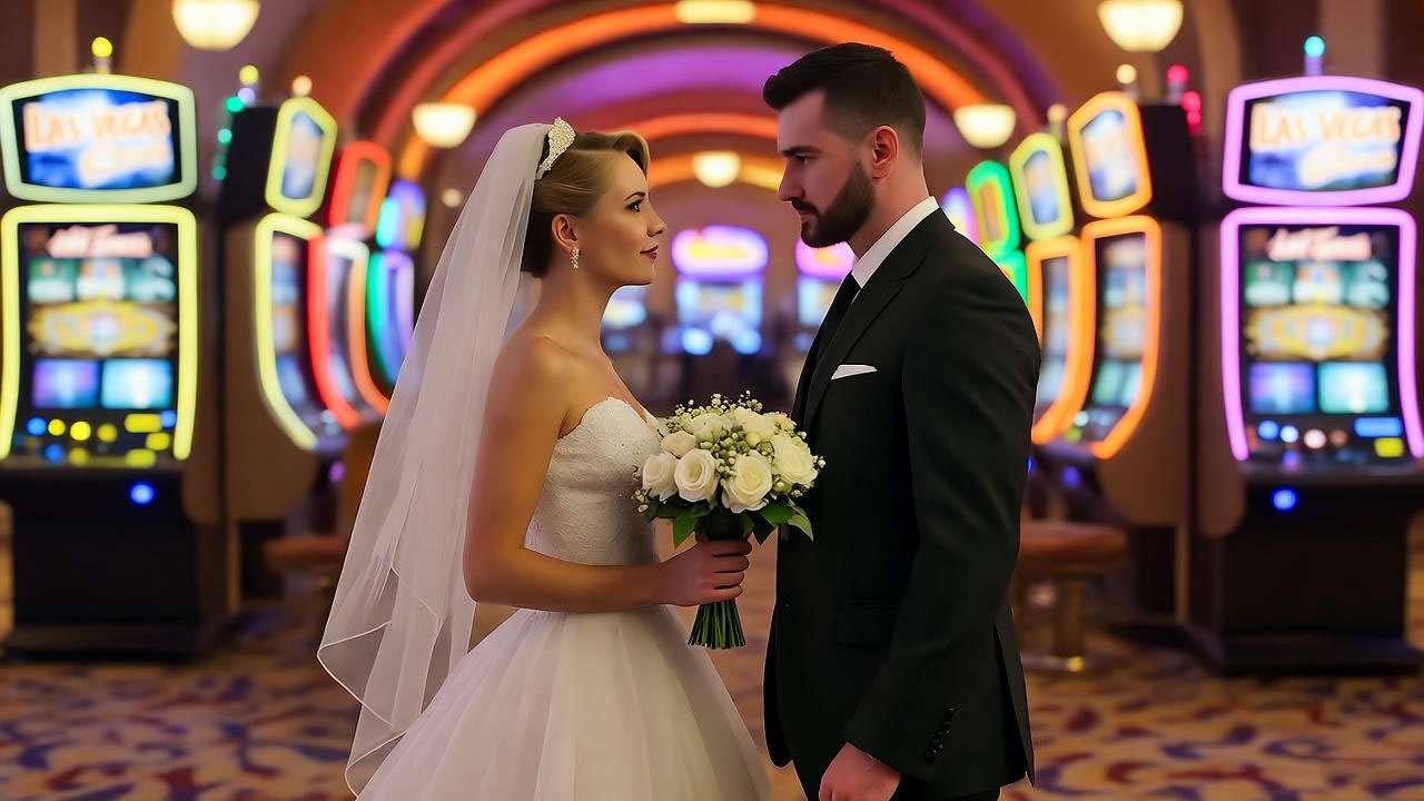 Rachel Green and Ross in a chaotic Las Vegas wedding chapel.
