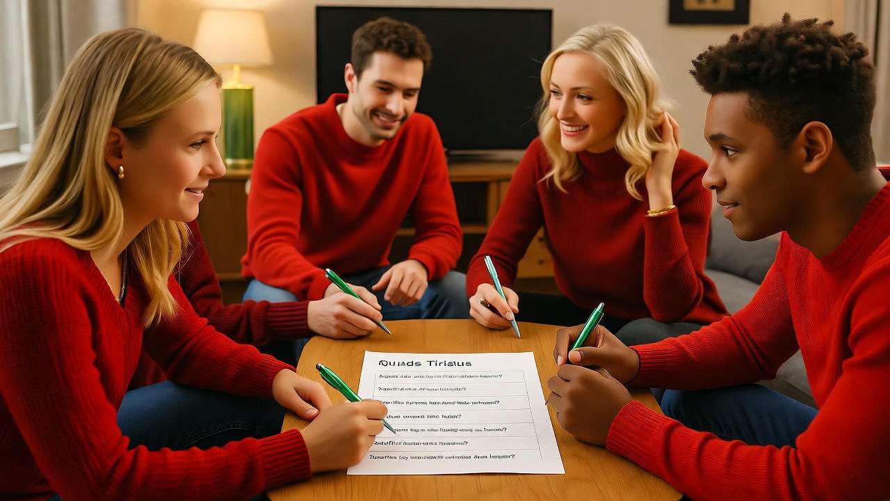 Friends playing trivia in red sweaters at a cozy living room table.