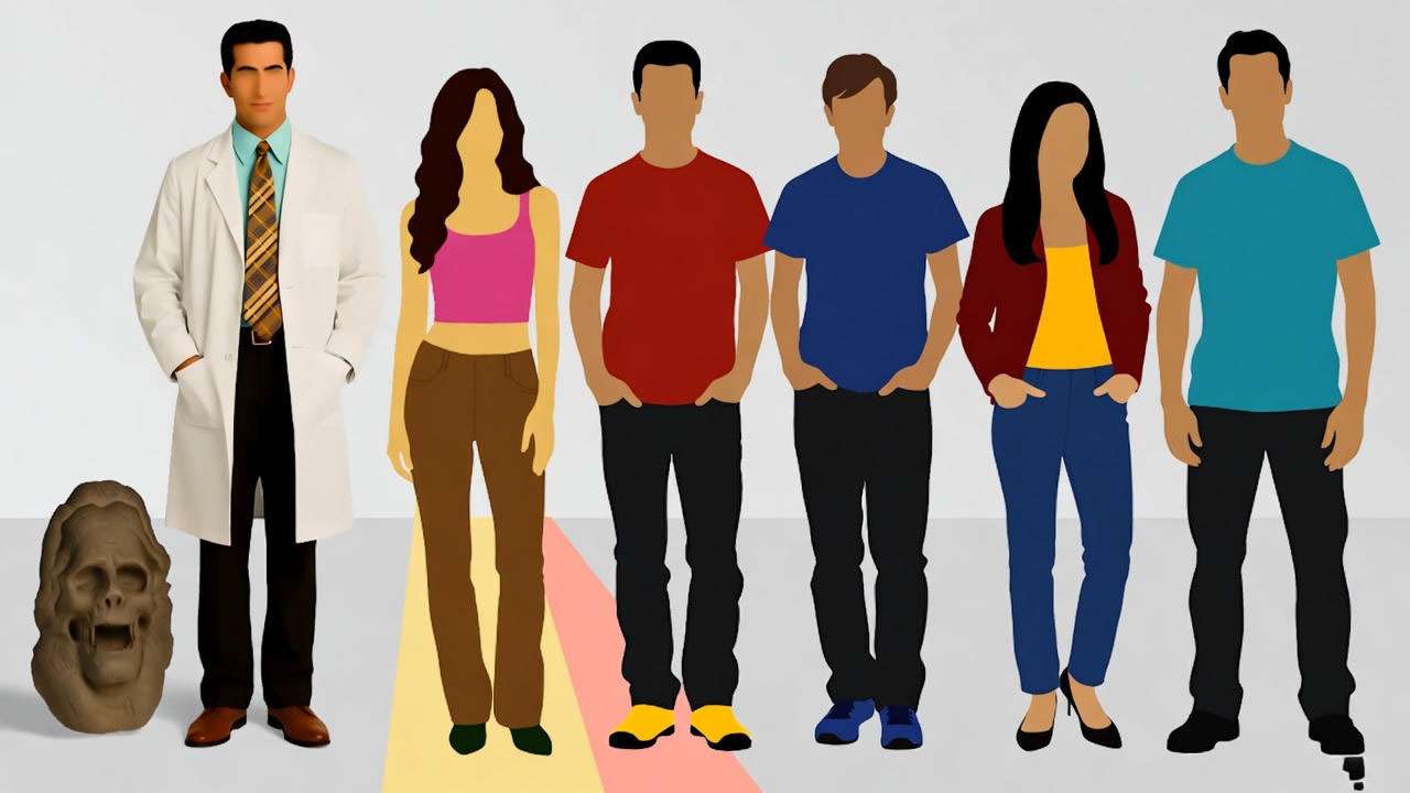 Comparative silhouettes of Friends characters, highlighting Ross Geller’s professor role with a fossil.