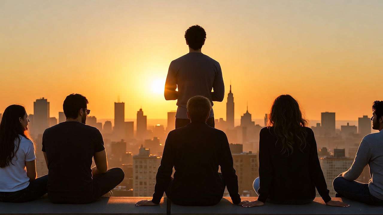 Silhouetted friends on NYC rooftop at sunset, honoring the lasting legacy of Doctor Julian Ross.