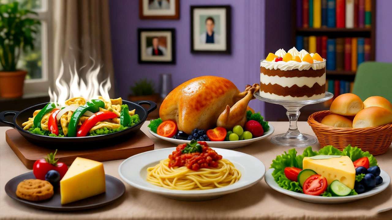 Collage of Friends food moments including Ross Geller fajitas, turkey, and trifle in a 90s apartment.