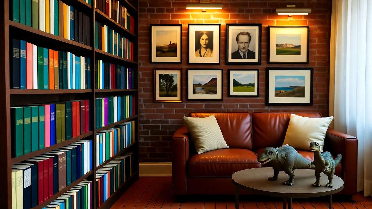 Fan-made replica of Ross Friends apartment with bookshelf and dinosaur props.