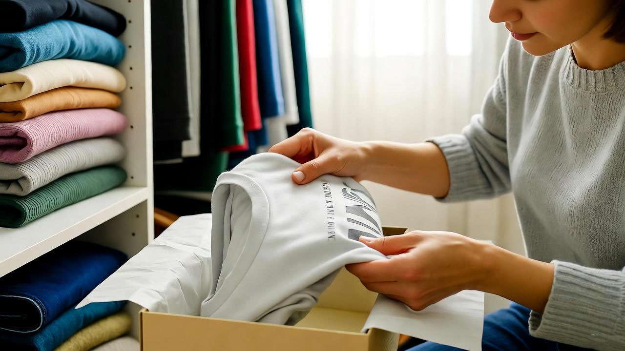 Person storing a Got Milk shirt in an archival box for vintage care.