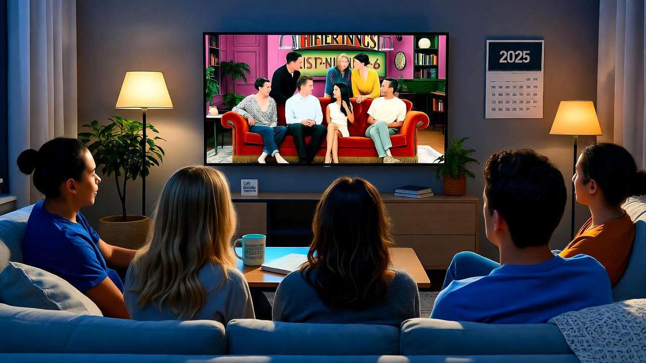 Modern living room with young adults watching Friends on TV, reflecting the timeless legacy and age of Friends cast.