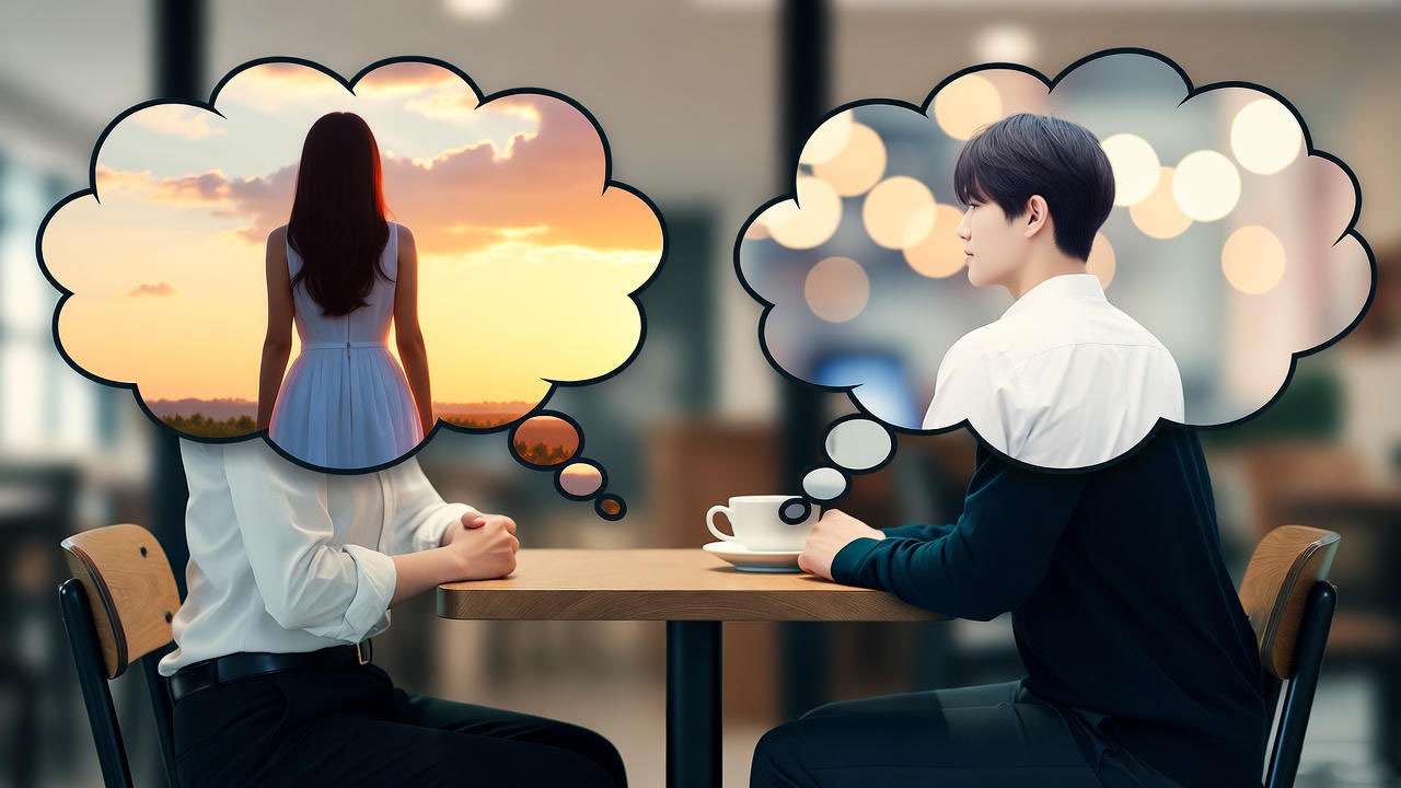 Illustration of Ross and Rachel imagining alternate outcomes in their Friends romance.