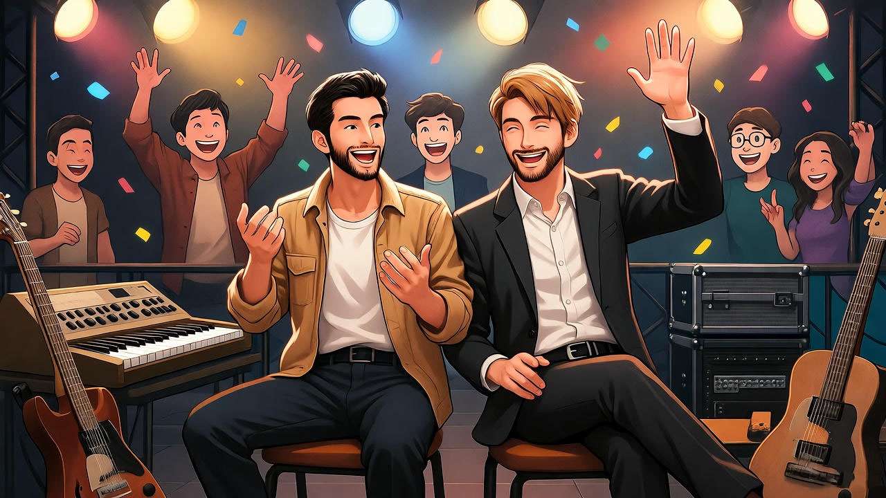 Fun fan reunion concept art of Ross and Chandler from Friends jamming with the group, evoking nostalgic band comeback vibes.
