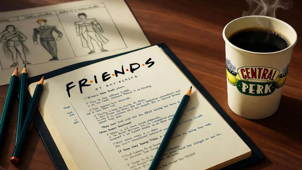 A Friends script on a writer’s table with a Central Perk coffee cup and pencils, evoking the creative process behind the iconic sitcom.