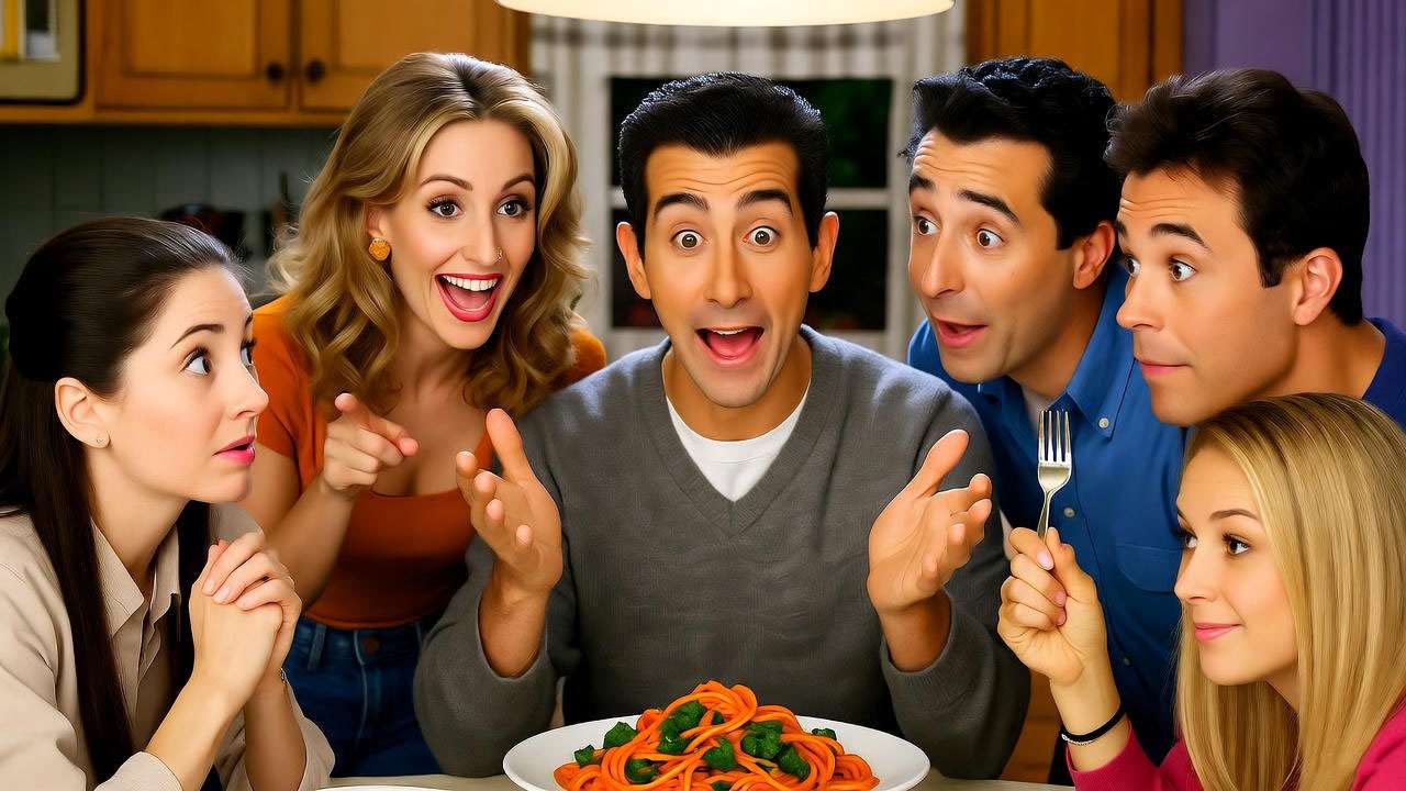 Friends cast including Ross Geller at dinner table, illustrating friendship and love lessons from the series.
