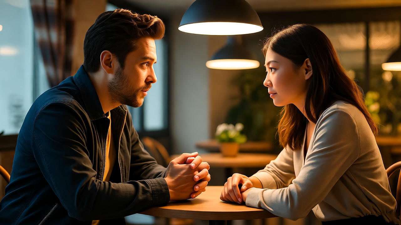 A couple discussing relationship lessons in a cafe, inspired by the lessons from Ross and Rachel’s breakup in Friends.
