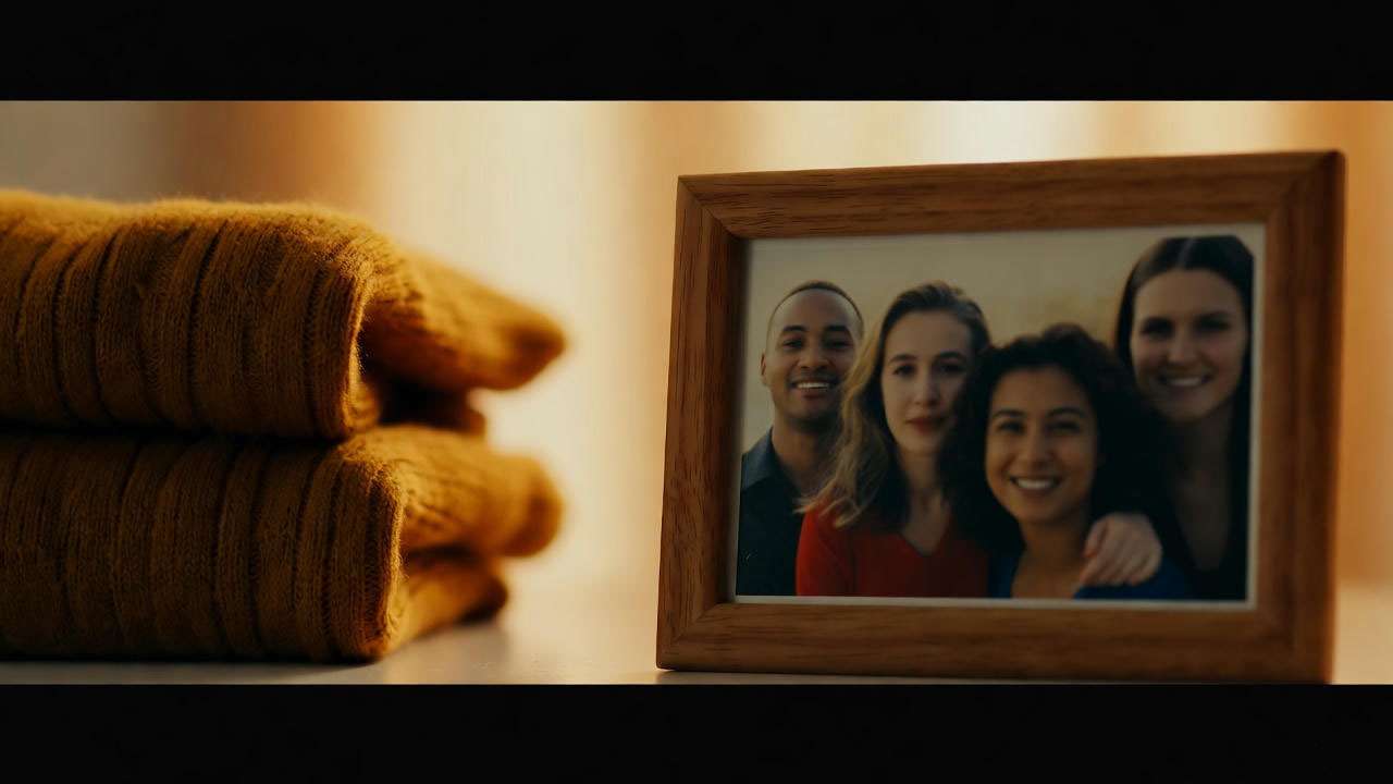 Ross’s iconic brown sweater beside a photo of six friends symbolizing timeless nostalgia from Friends.