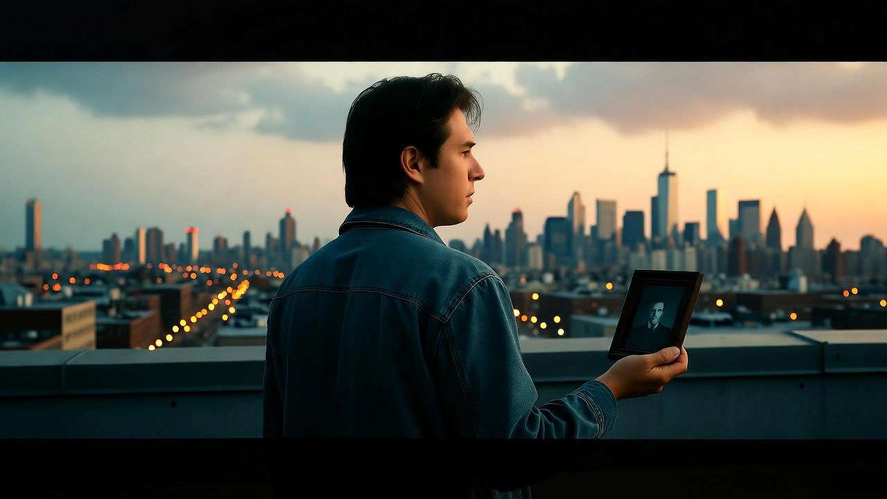 A man on a New York City rooftop at dusk, inspired by Ross Geller from Friends, reflecting on love and growth with a city skyline in the background.