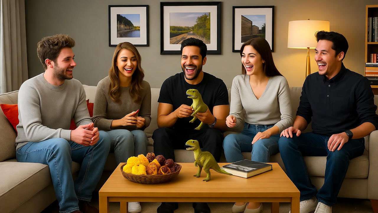 Modern fans laughing with Friends memorabilia including a Ross dinosaur figurine.
