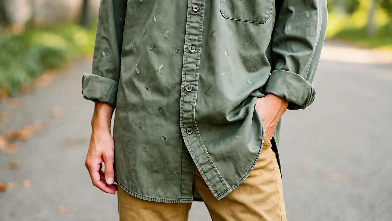 Modern recreation of Ross Geller’s look with an olive button-down shirt and khaki pants in a thrift store setting.
