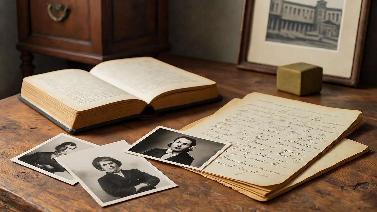 Vintage family archive with documents and genealogy book, illustrating tips for discovering Jewish surname origins. 
