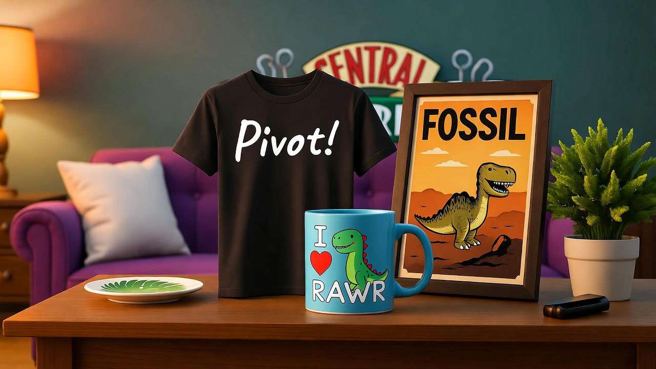 Professor Geller merchandise display with Friends nostalgia items.