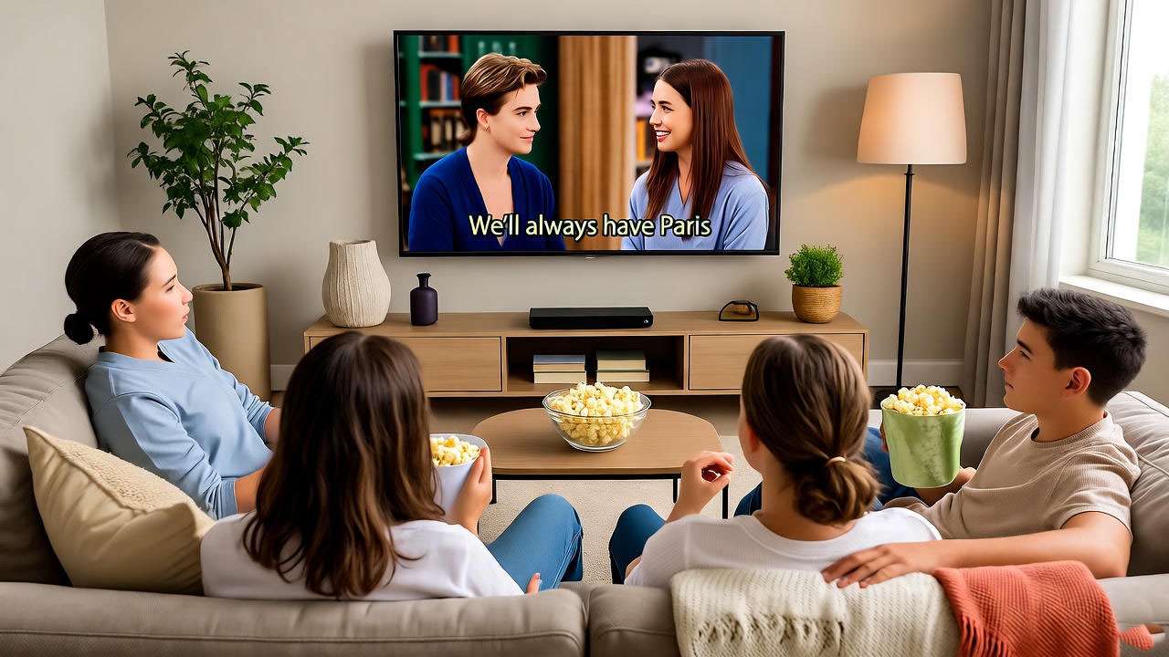 Cozy living room with young adults watching Friends on TV, reflecting fan reactions to parents.