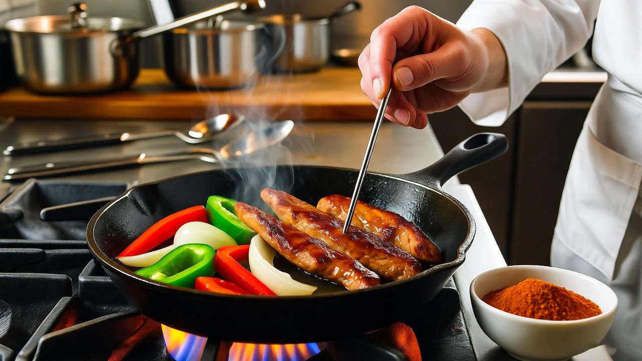 Chef cooking Ross Geller fajitas with meat thermometer and homemade seasoning in a professional kitchen.
