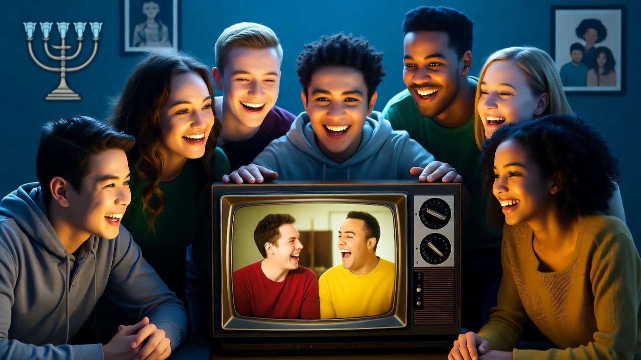  Diverse fans watching Friends on TV, illustrating Jewish cultural normalization in 1990s media. 