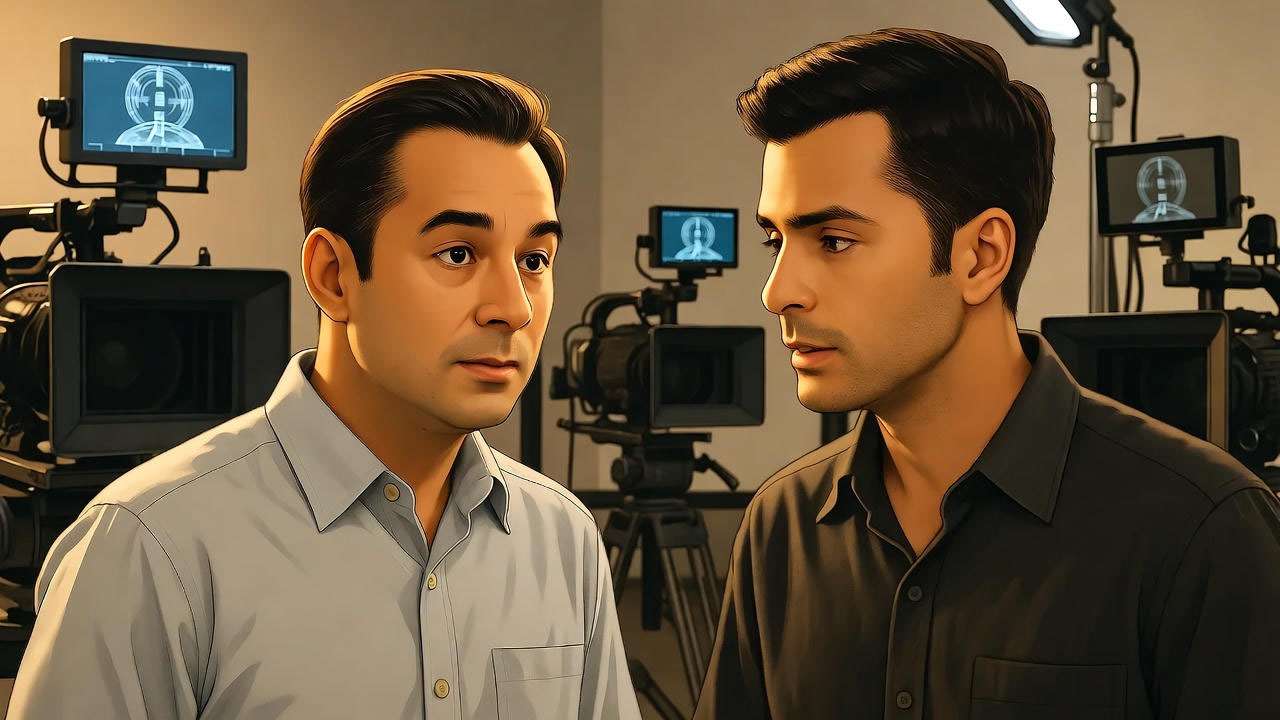 Actors portraying Ross Mandell and his wife discussing a scene on the Friends TV set.