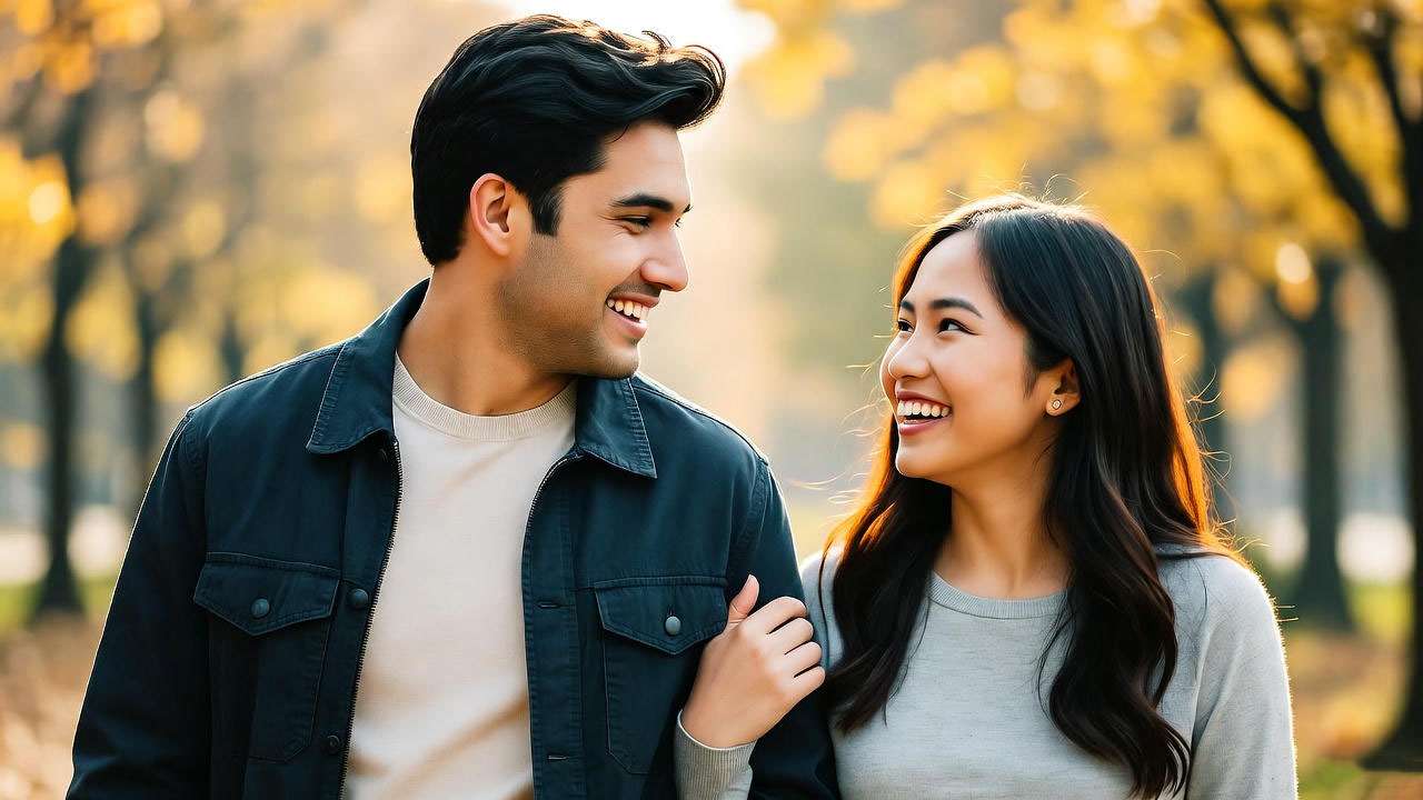 Ross and Mona from Friends TV show enjoying a playful, intimate moment during a park date.